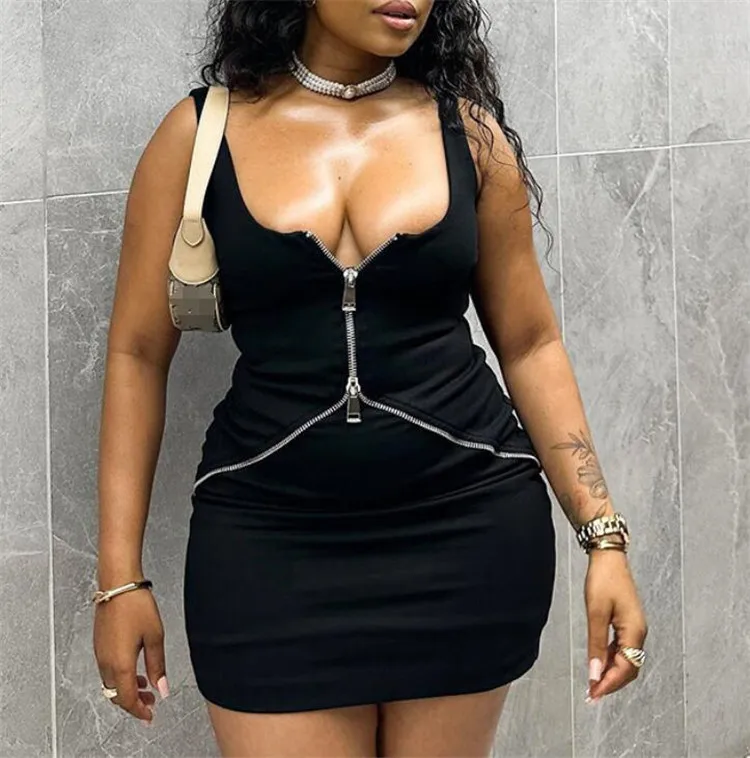 MS210-fashion black bodycon dress zipper summer dresses women 2024