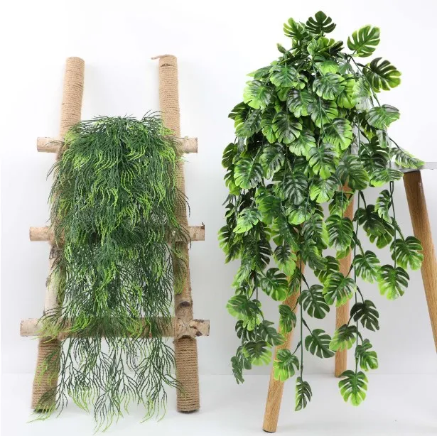 Wholesale Home Decoration Ornaments Plastic Artificial Green Plants Turtle Back Leaves Rattan Wall Hanging Flower Rattan Strips