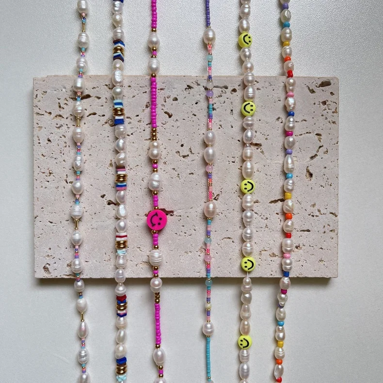 Beach Waterproof Jewelry 18K Stainless Steel Freshwater Pearl Seed Bead Choker Necklace Smiley Pendant Necklaces Wholesale