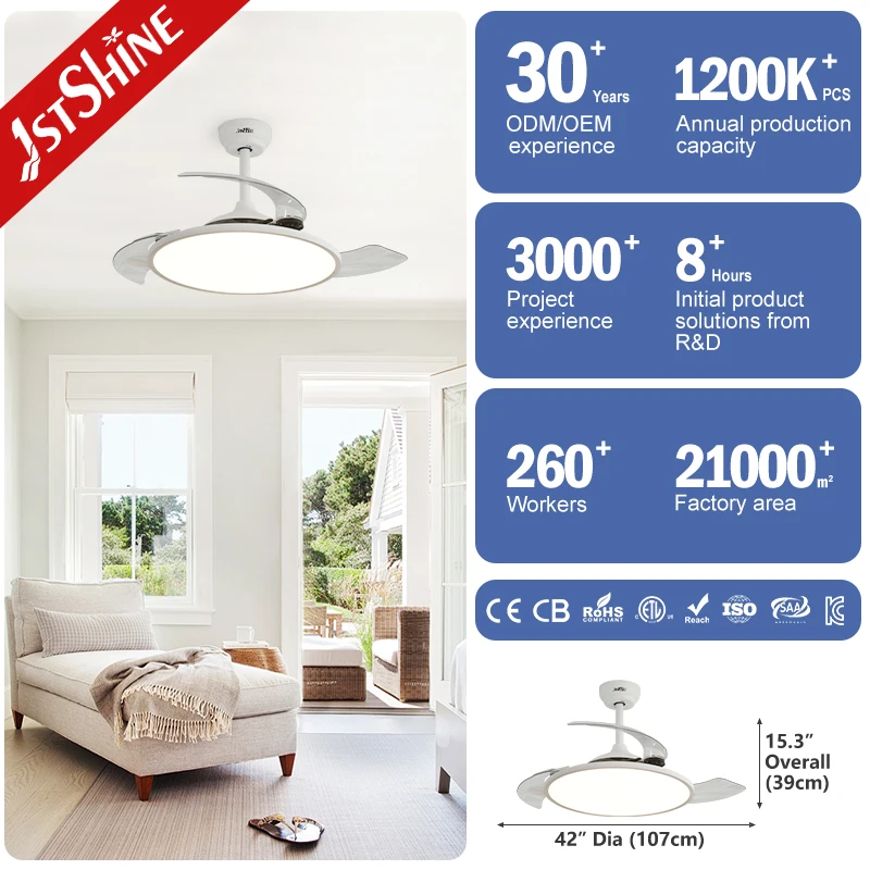 1stshine LED Ceiling Fan Retractable Hidden Blades Adjustable Invisible Ceiling Fan with Light