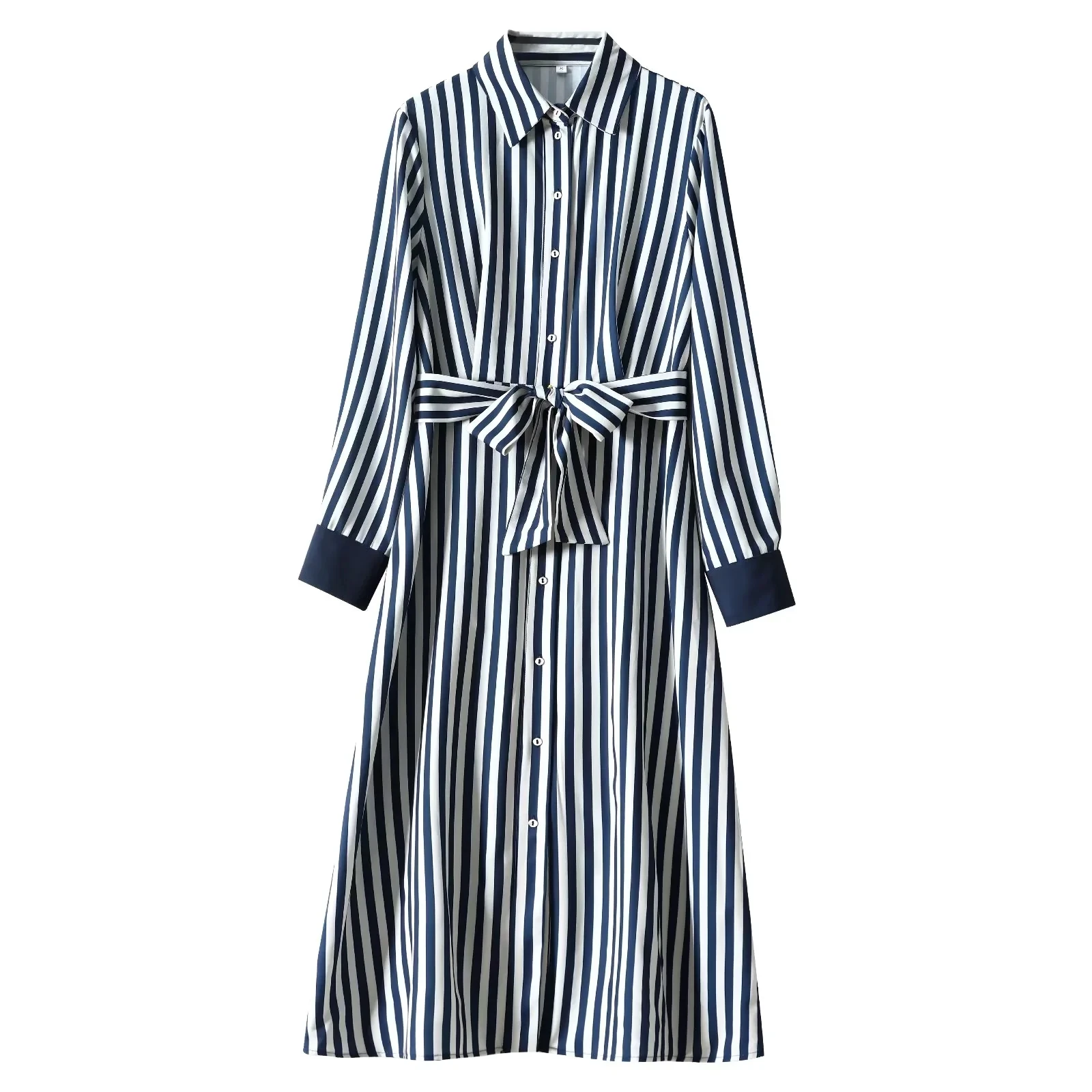Striped print sashes long sleeve turn down collar casual fashion long shirt dress for women