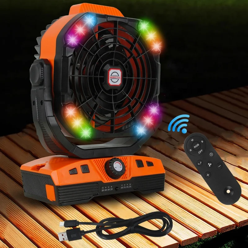Portable USB Lithium Rechargeable Fan 20000 Mah Battery Operated Outdoor Camping Fan with RGBW LED Light