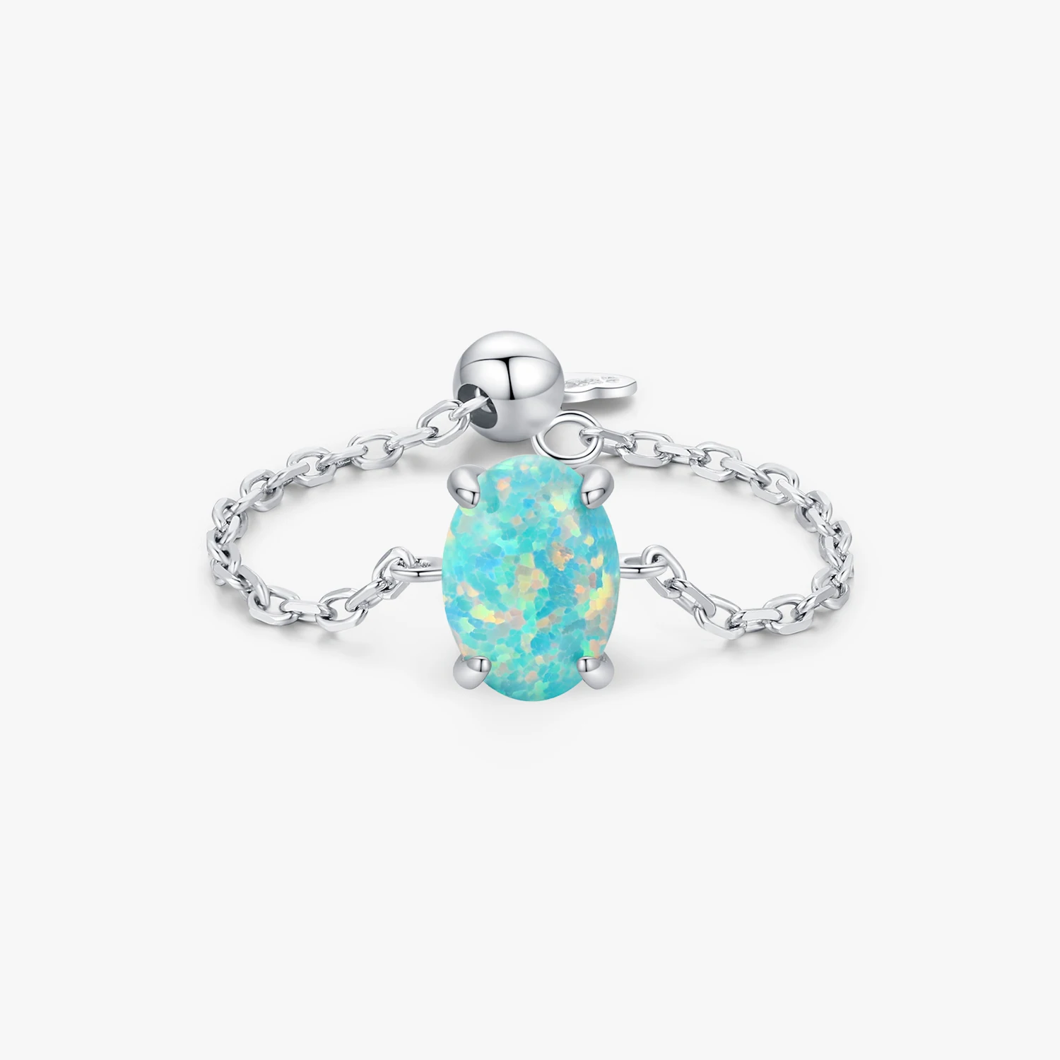 925 Sterling Silver Fine Jewelry Daily Accessories Fashion Oval Lake Blue Opals Adjustable Link Chain Rings For Women