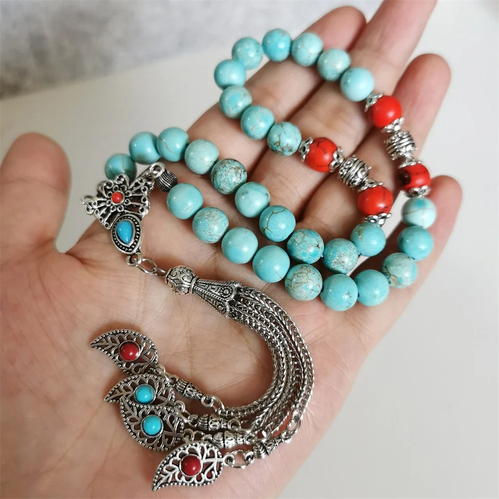 Turquoise tasbih beads natural howlite stone Islamic Eid gift silver Tassel muslim rosary blue prayer beads mesbaha tasbeeh