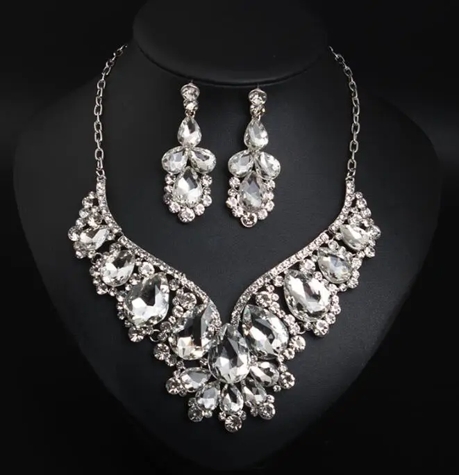 Cross-border Two-piece Crystal Jewel Earrings Wholesale Fancy Sets Jewelry Statement Necklace Set