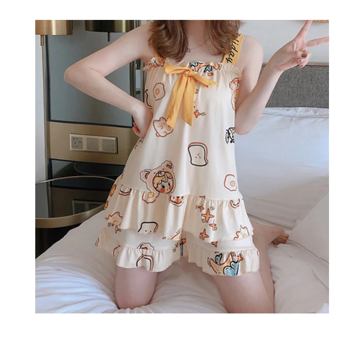 korean Thin sexy two piece sleepwear Sleeveless Sling Pajama Cute sweet girls sleepwear pajamas girls sleepwear