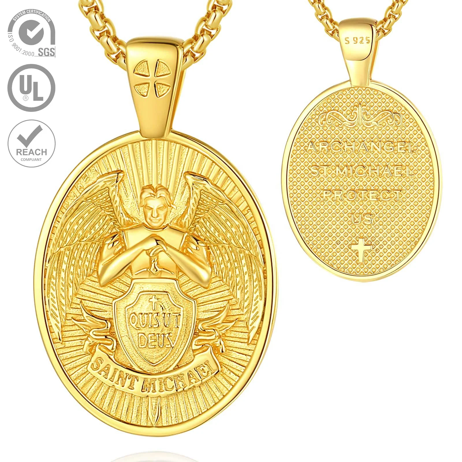 Fine Jewelry Archangel ST Michael Amulet Pendant 925 Sterling Silver 18k Gold Plated Jewellery Necklace for Men