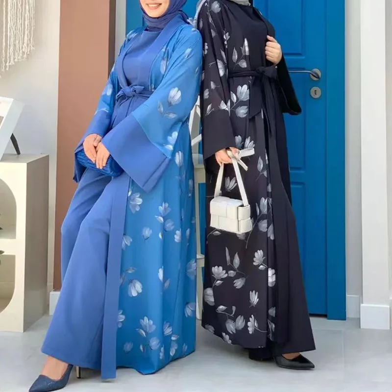 Wholesale Printed Abaya Arabic Floral Kimono Cardigan And Sleeveless Inner Slip Modest Women Muslim Dress Open Abaya Set