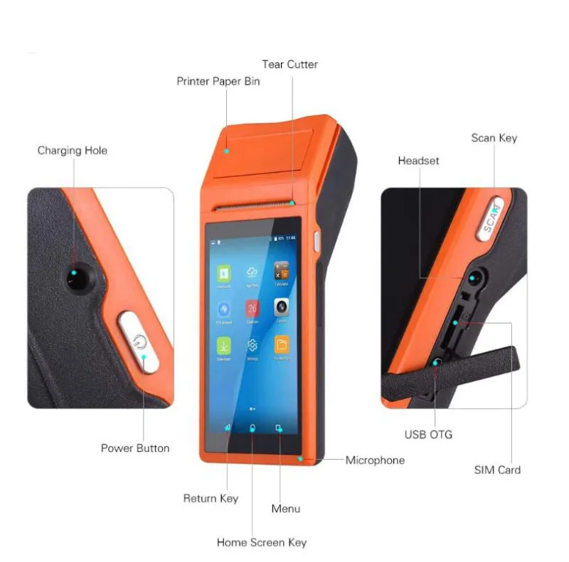 Android Pda Pos Terminal Thermal Printer Barcode Scanner Handheld POS Machine Android 8.1 with Mobile Pos Machine Blue Tooth A4