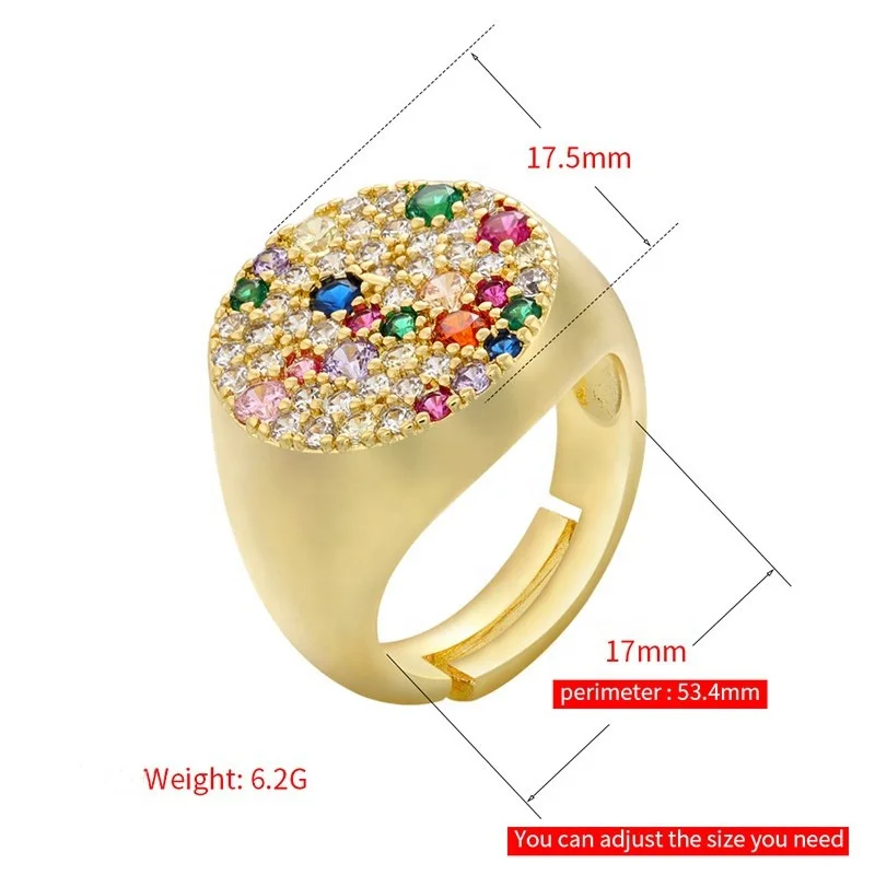 Luxury Gold Plated Colorful Red Zircon Big Disc Diamond Adjustable Bling CZ Open Rings Jewelry Wholesale