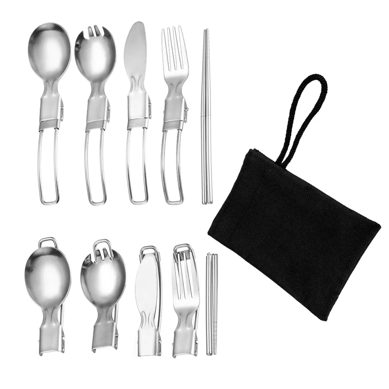Travel Silverware Outdoor Camping Flatware Set Portable Folding Knife Fork Spoon With Case Picnic Cutlery Set