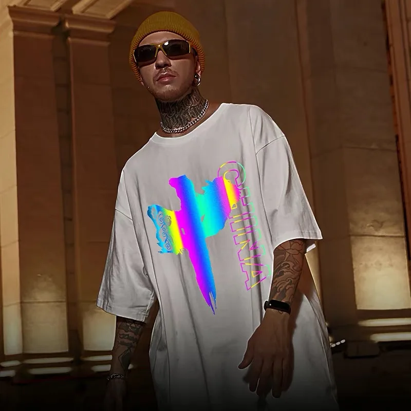 2021 Multi Patterns Custom Breathable Streetwear Reflective Printed Casual T Shirt Men glow in the dark reflective t shirt tee