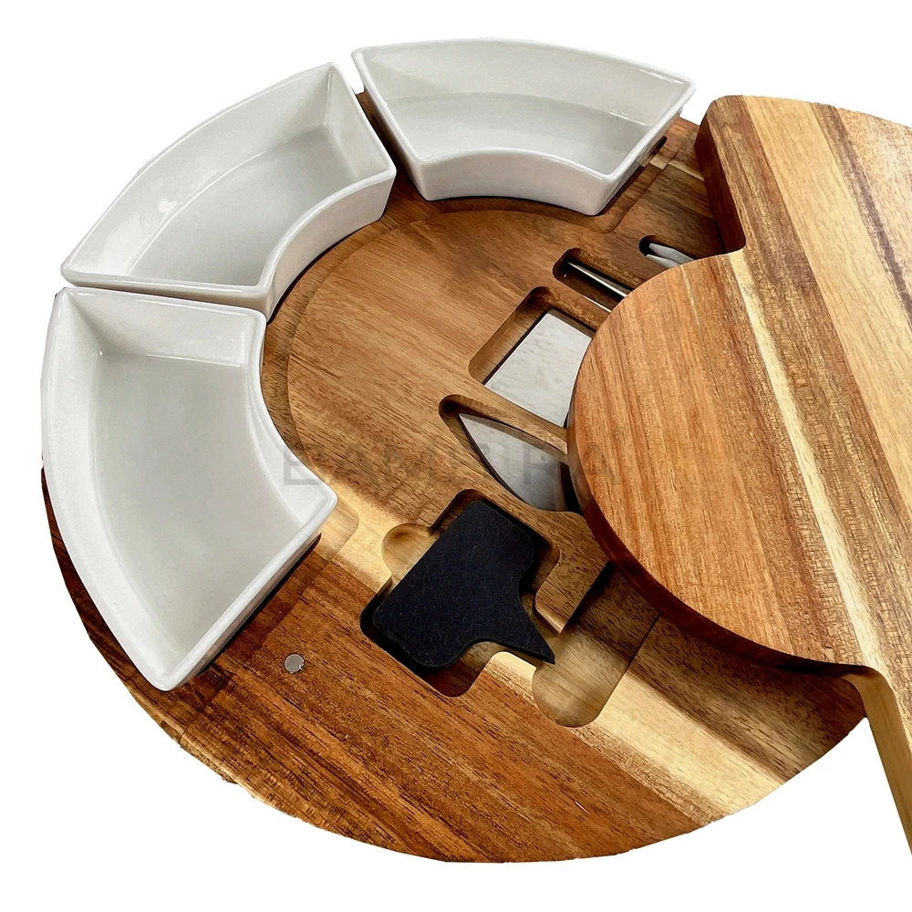 Rotating Cheese Cutting Board, Acacia Wood Cheese Tray with Bowls, Knives, Slates, Chalk/ Bamsira_BSCI