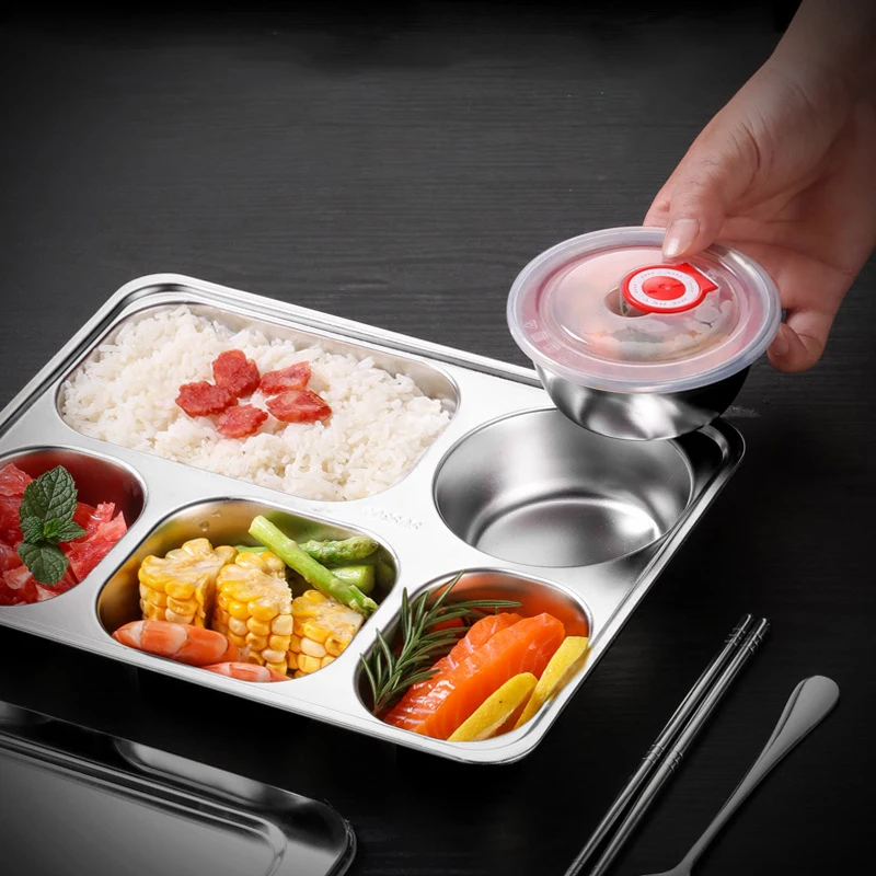 Factory five compartment food grade stainless steel 304 restaurant hotel school catering serving dinner plate set with lid