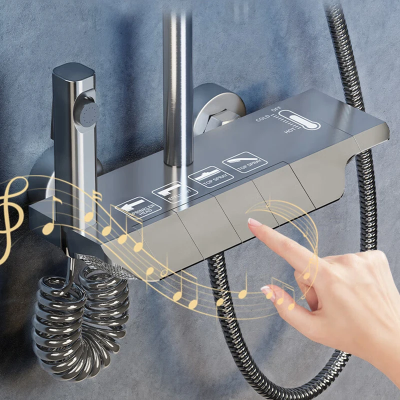 Bathroom Shower Faucet Set 4 Functions Digital Display Shower Thermostat Gray Black High Pressure Discharge Copper Taps