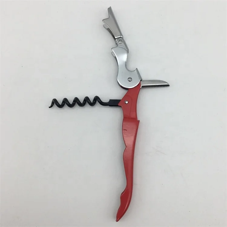 MOQ 100pcs Red Color Stainless Steel All-in-one Double Hinged Sea Horse Wine Bottle Corkscrew Foil Cutter Knife Can Opener