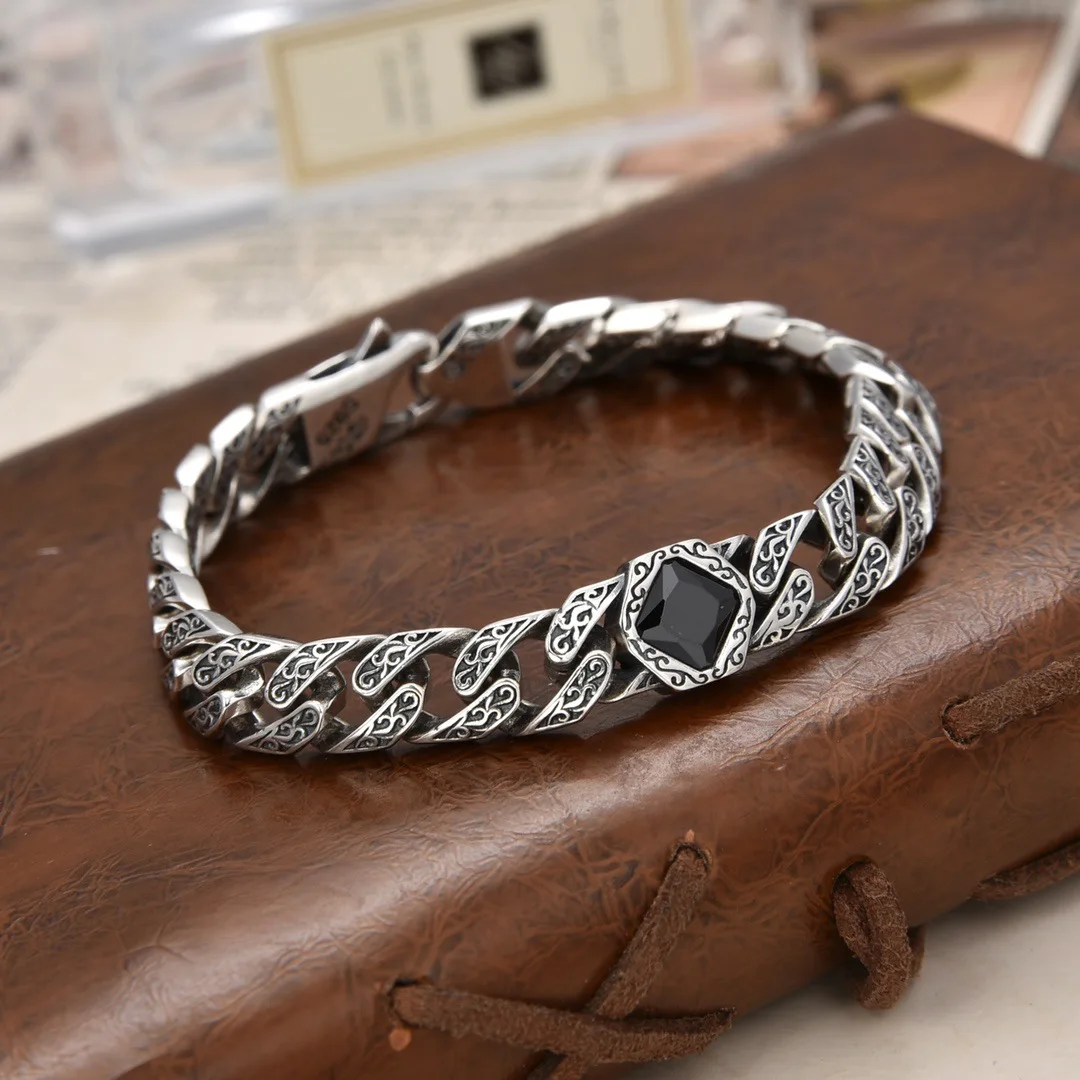 S925 Sterling silver niche design to do old personality Haba with blue green black gem Tank Guba bracelet for men and women