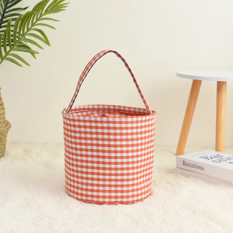 Factory Customized Kids Blue Purple Orange Black Plaid Seersucker Candy Pumpkin Trick or Treat Tote Bag Bucket Halloween Basket