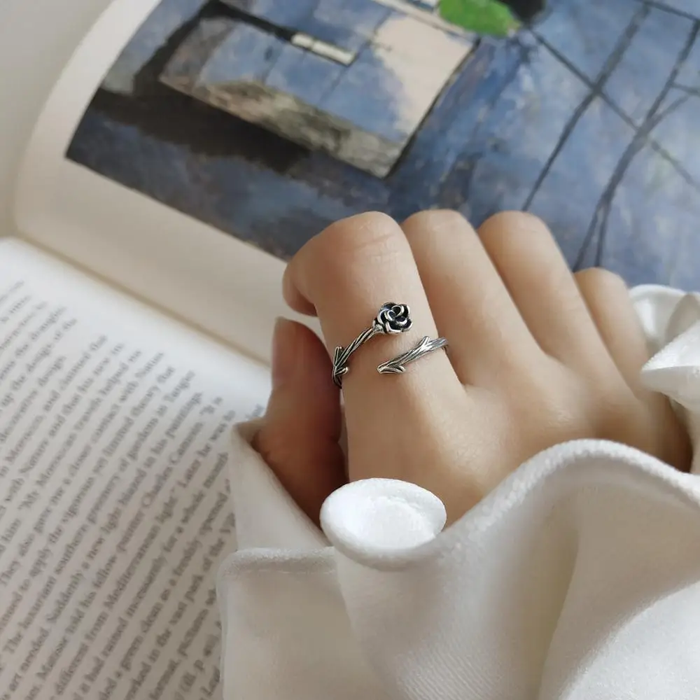 Vintage Rose Design Korean Jewelry Handmade Silver Elegant Opening Flower Ring Fashion Sterling Silver Rings For Women