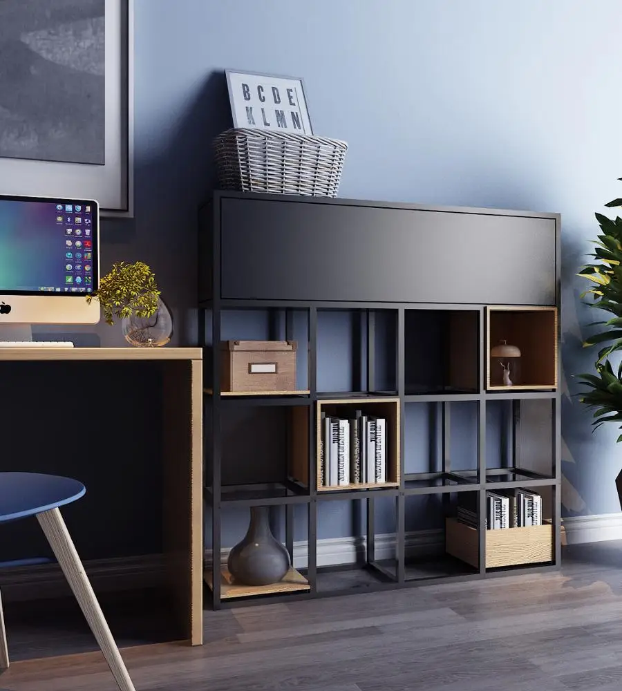 Wooden and metal bookshelf industrial cube shelf for living room furniture