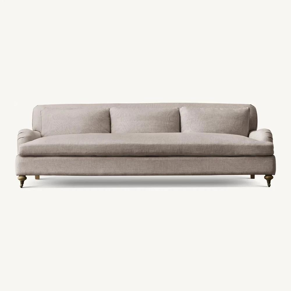 Living Room European Style Classic Roll Arm 3 Seater Linen Velvet Fabric Sofa Set