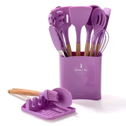12PCS Kitchen Cooking Tools Kitchen Utensils Kitchenware Soft Silicone with Wooden Handles Hot Selling 12pcs In1set Pink