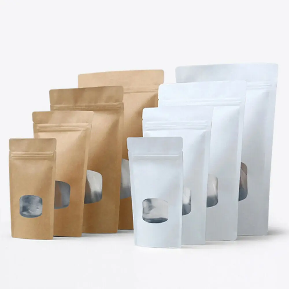 Custom kraft paper stand up zipper bag zipper lock brown black kraft paper bag with clear window and zipper