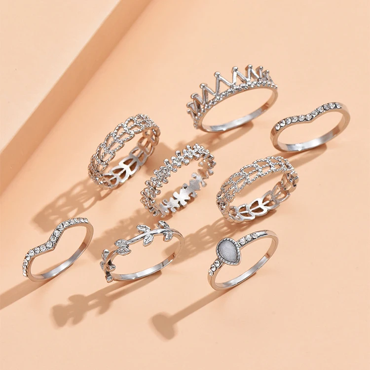 Simple Wholesale Combination Set Ring Fashion Personality Star Heart Crown Flower Rhinestone Ring Women