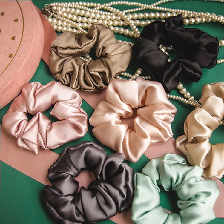Top Seller Custom Solid Color Silk Bulk Elastic Hair Ties Satin Hair Bands Silk Scrunchies