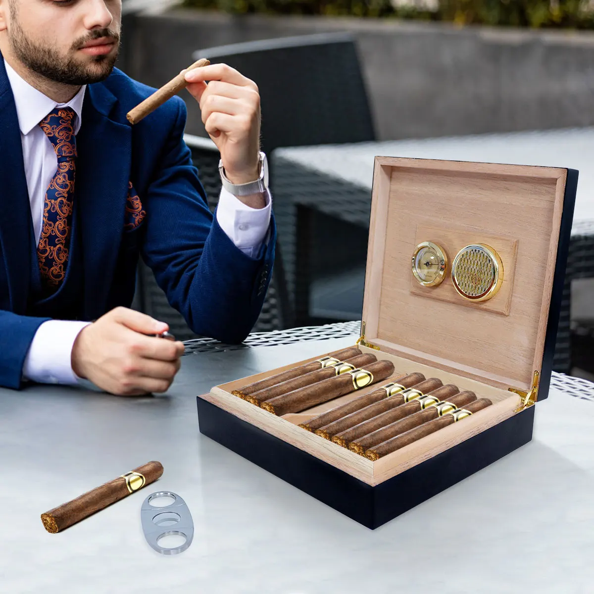Custom humidor cigar box 56 luxury wholesale smell proof black wooden blank hygrometer humidor cedar cigar box
