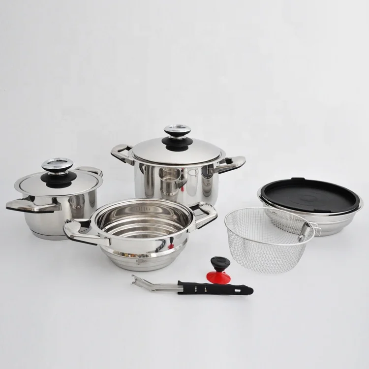 Stainless steel 304 cookware set induction 21pcs wide edge pot and pan set for home kitchen cooking