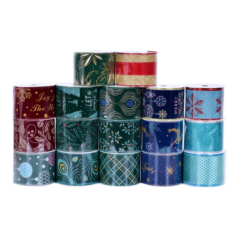 Ribest Custom Linen Vintage Jungle Glitter Christmas Wired Edge Ribbon  Holiday Party Garland DIY Decoration 2.5Inch X 3Yard