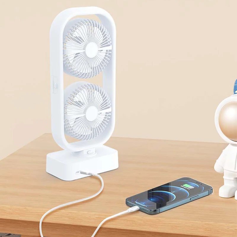 Exclusive Dual-head Floor Rotating Remote Twin Tower Fan 10000mAh Electric USB Rechargeable Power Bank Table Fan with LED Lights