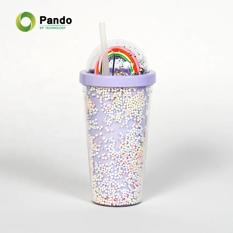 Travel Gift Double Wall 550ml Fashion Girl Transparent Mugs Rainbow Reusable Plastic Cups With Lid And Straw