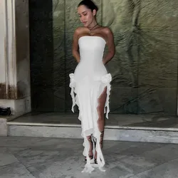 2023 new arrivals women sleeveless strapless ruffles design sexy mesh 3d 3d flowers lace for french wedding dress