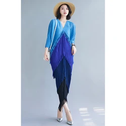 free size african women lady elegant wears big size long fringe dresses contrast color pleated evening dresses