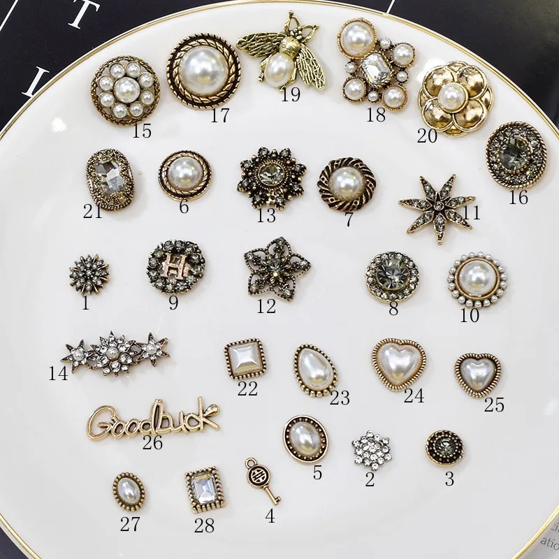 Antique gold Alloy accessories Bow diy Handmade materials small fresh diamond set pearl diamond button