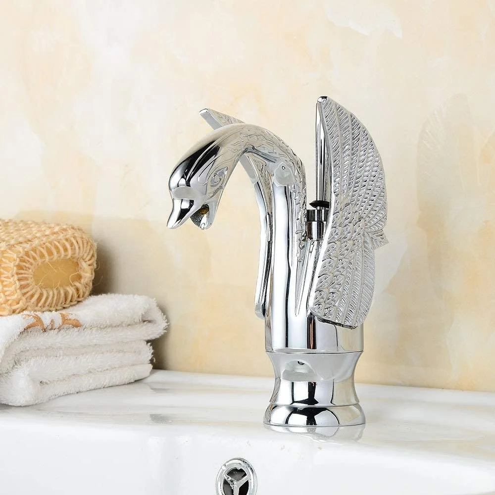 Goose Neck Wash Basin Mixer Tap Deck Mount Brass Single Handle Chrome Gold Plated Bathroom Animal Shape Swan Neck Faucet