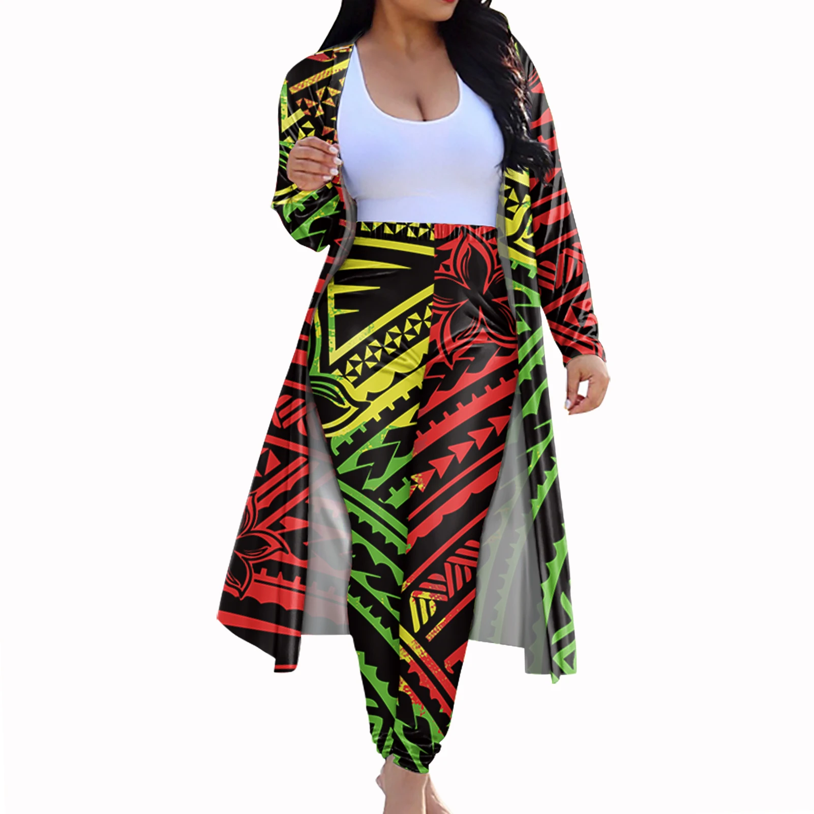  Черный полинезийский ананас Плюмерия цветочный принт Женский комплект из 2 предметов плащ Длинный рукав Осень Европейская и американская женская одежда