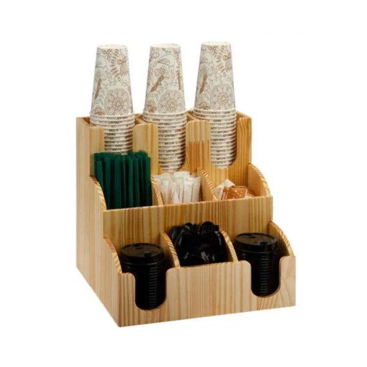 Bamboo Coffee Station Organizer 6 Compartments Condiment Rack Wooden Disposable Cups Holder Dispenser