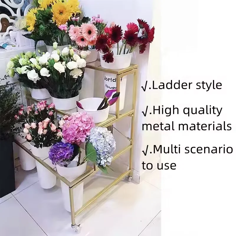 Hot Sale Showroom Store Movable Decorative Artificial Flower Greet Plant Golden Metal Display Stand Rack With 9/12 Buckets