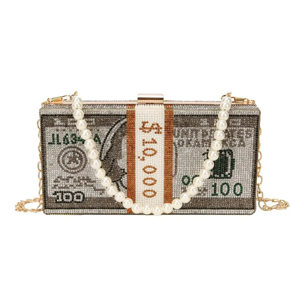 Wholesale Luxury Brand $100 Dollar women Money clutch Purse Crystal USD Bill Clutch Rhinestone Evening Bags Ladies