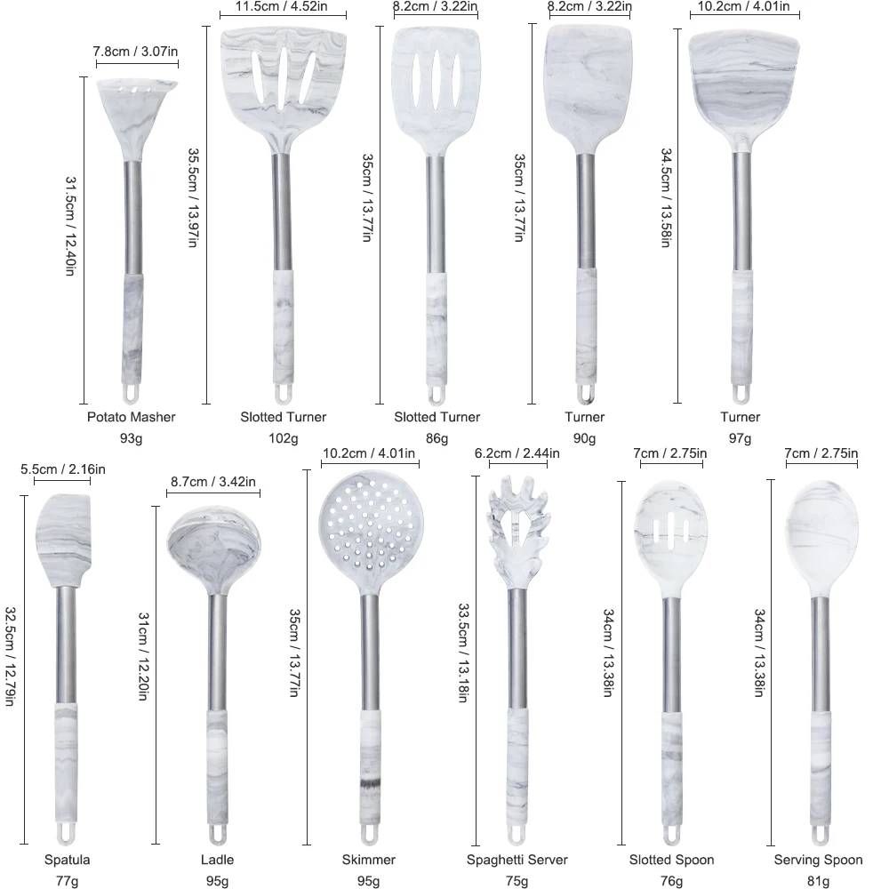 Кухонная утварь YF из пищевого силикона, кухонная утварь с ручкой из нержавеющей стали, многофункциональный мраморный набор из 15 предметов, кухонная утварь