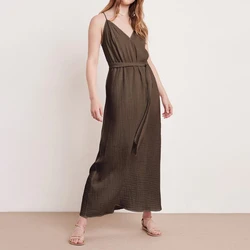 Female Spaghetti Strap muslim Long Dress V Neck Casual Custom Vestidos Cotton Double Gauze Maxi Dress Plus Size Women Vacation