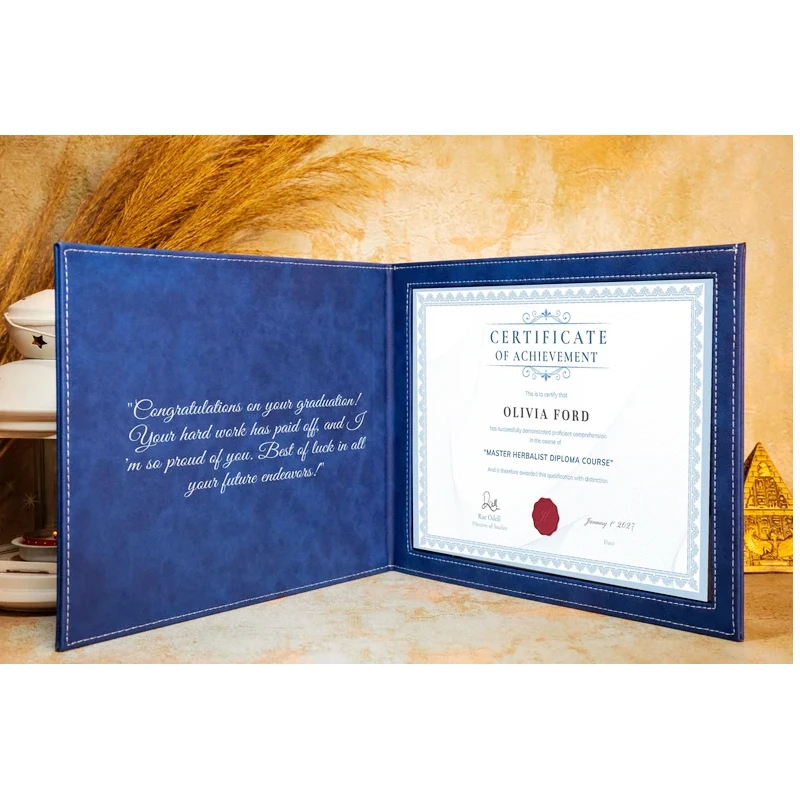 Blue Leather A4 Certificate Custom Design Smooth Imprinted Diploma Certificate Cover School Graduation PU Folder