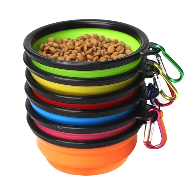 
Portable Travel collapsible expandable foldable silicone Pet dog food bowl with carabiner 