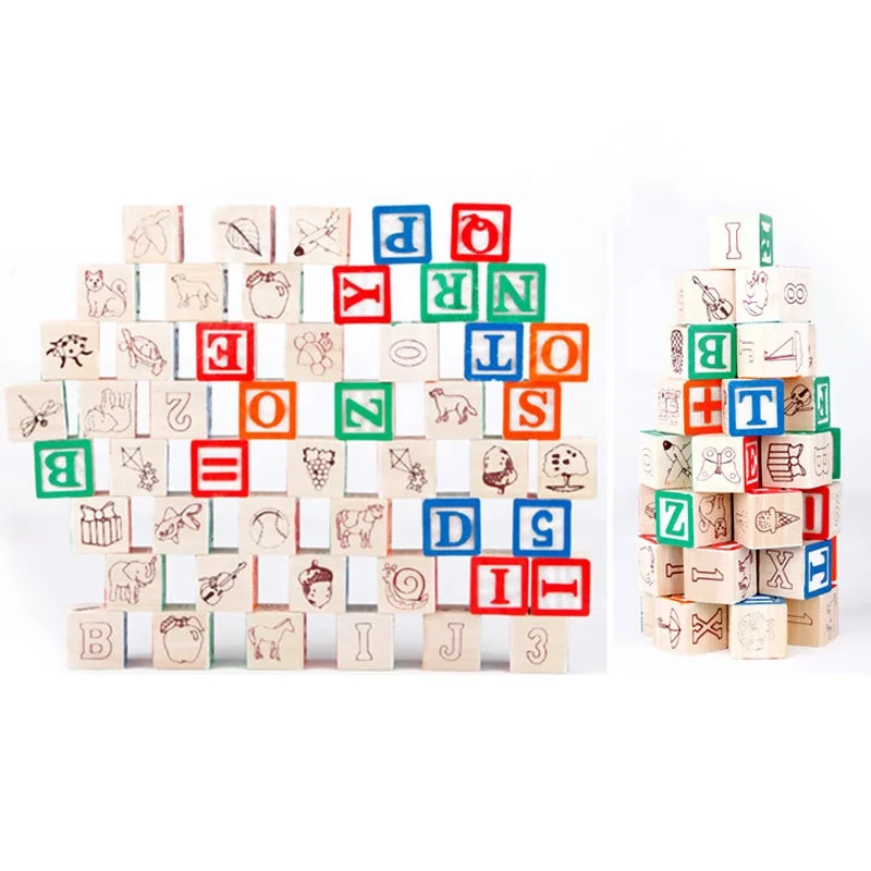 OEM образовательные блоки 50 шт. сосновые деревянные кубики алфавиты набор блоков для обучения детей ABC блоки