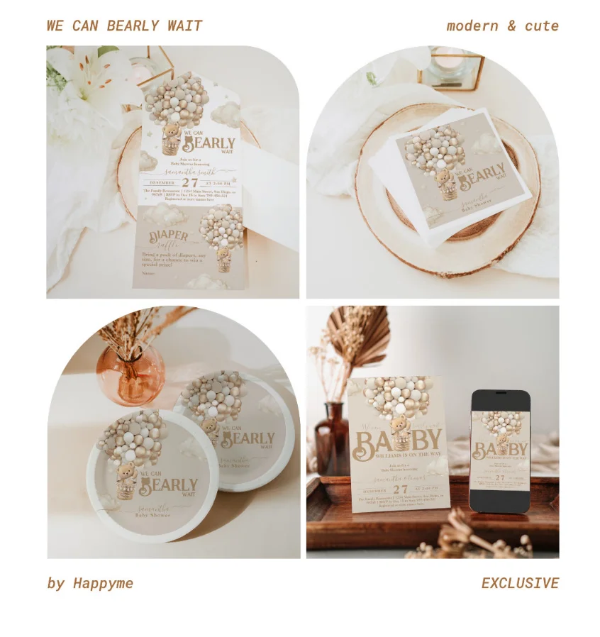 Bear Balloons Bearly Wait Baby Shower christening Invitation card