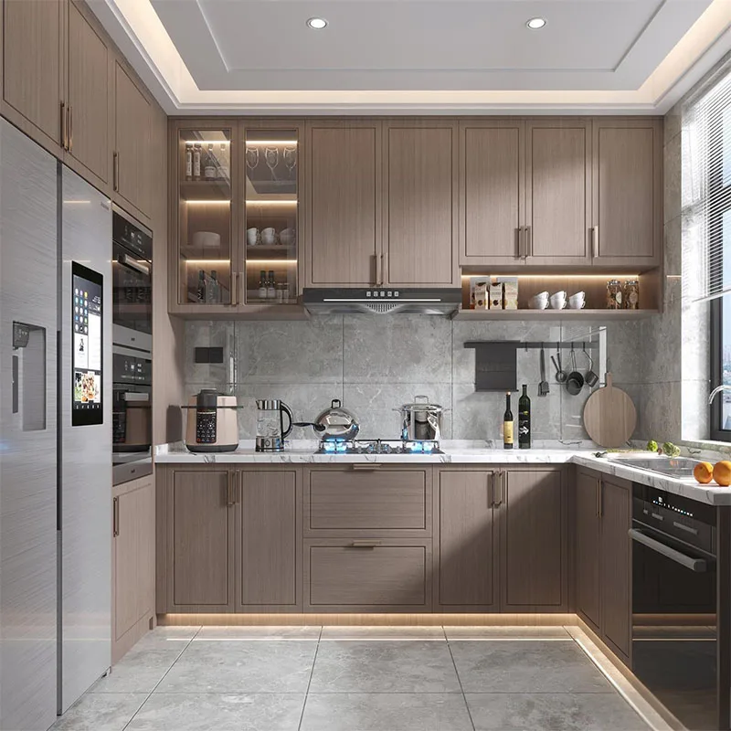 Furniture High End Contemporary Wood Veneer Kitchen Cabinets Furniture Design Gabinetes de Cocina