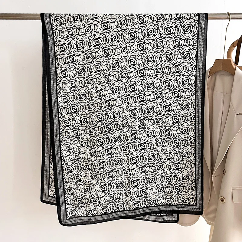 Euro Luxury Brand Design Silk Scarf for Women Logo Viscose Cotton Wool Head Hijab Muslim 70*180cm Camellia Flower Printed Shawls